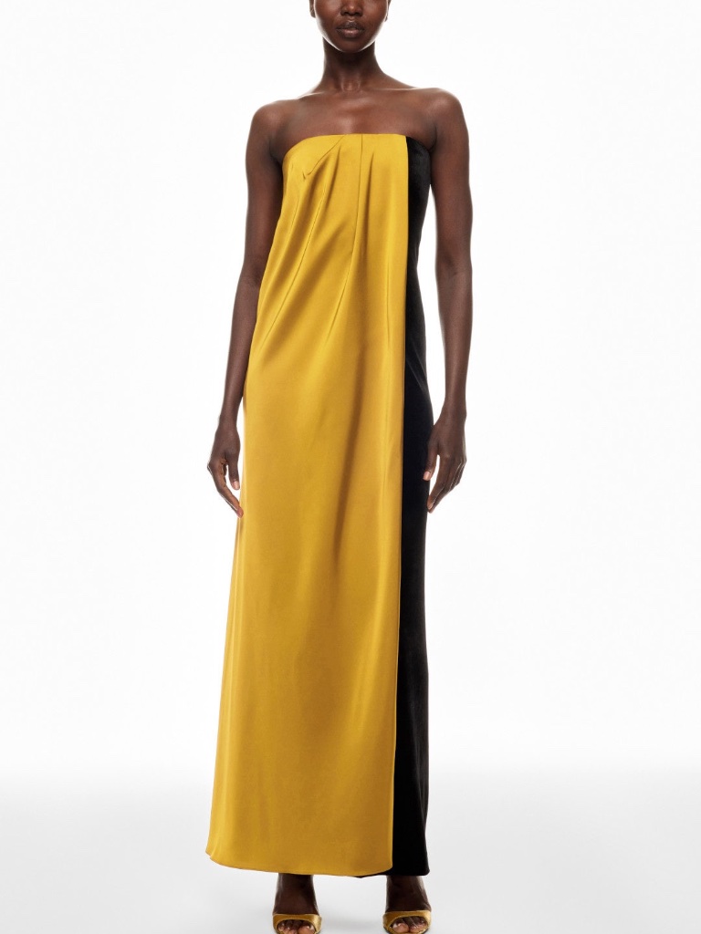Et Ochs Marilyn Patina Black Yellow Velvet Strapless Maxi Dress Gown - Size 6